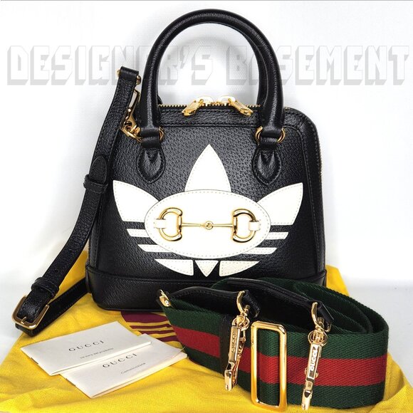 GUCCI black Leather Adidas X Gucci 1955 gold Horsebit Web Trefoil Mini Bag+box๐ - Picture 2 of 12